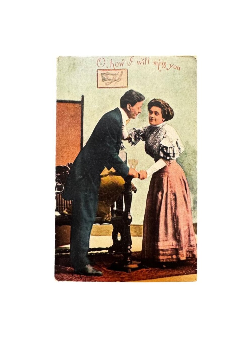 Vintage 1909 Romantic Couple Postcard "O How I Will Miss You" Pelican Rapids MN